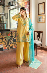 3-PC Stitched Embroidered Cotton Lawn By Casual Lite | Outfit-01 Lime Yellow